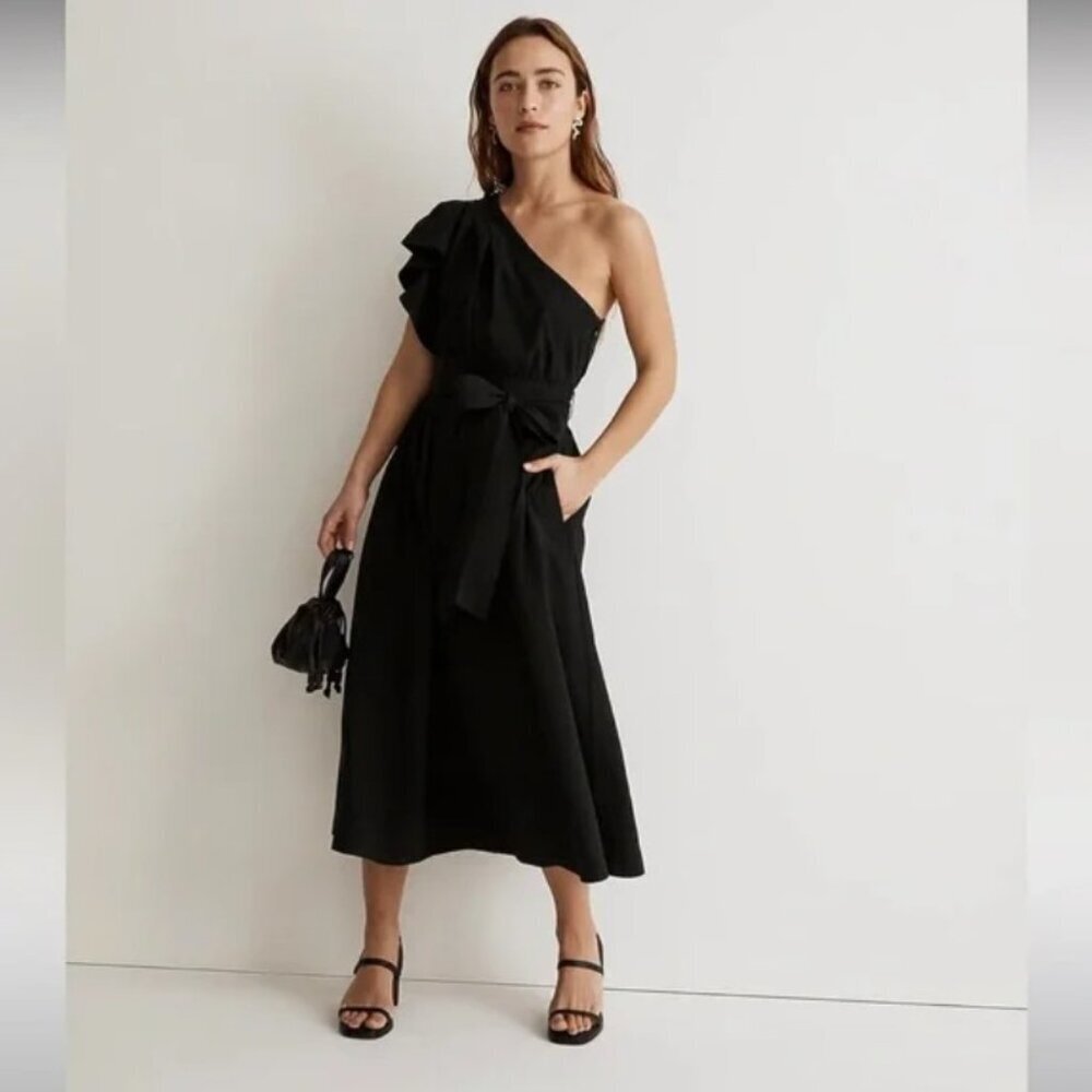 Madewell Ruffled One-Shoulder Midi Dress Black Sz 4